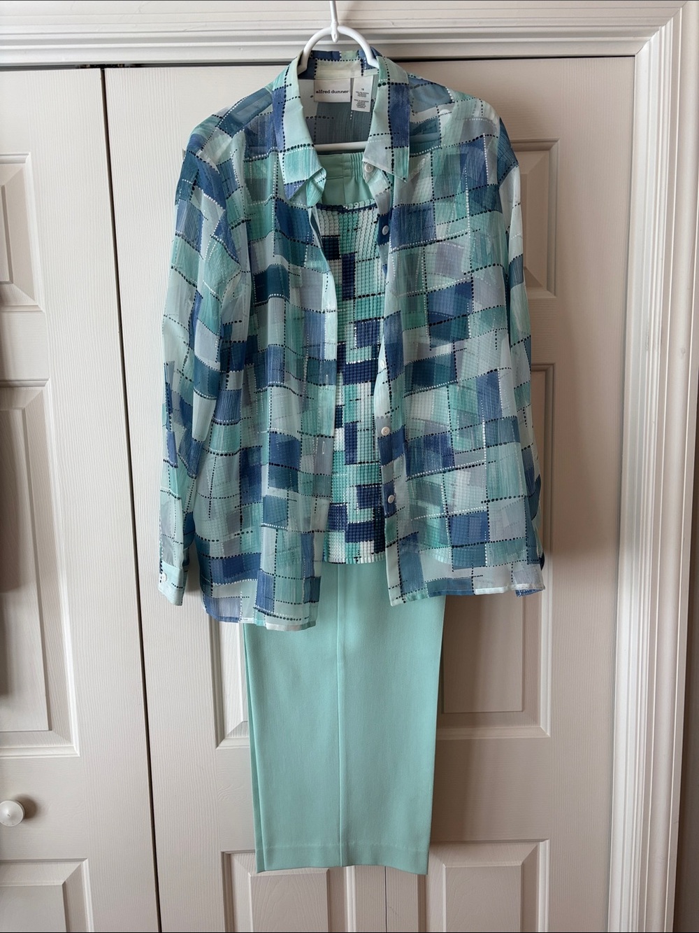 Alfred Dunner Mint and Blue Printed 3-Piece Tank, Blouse and Pants Set